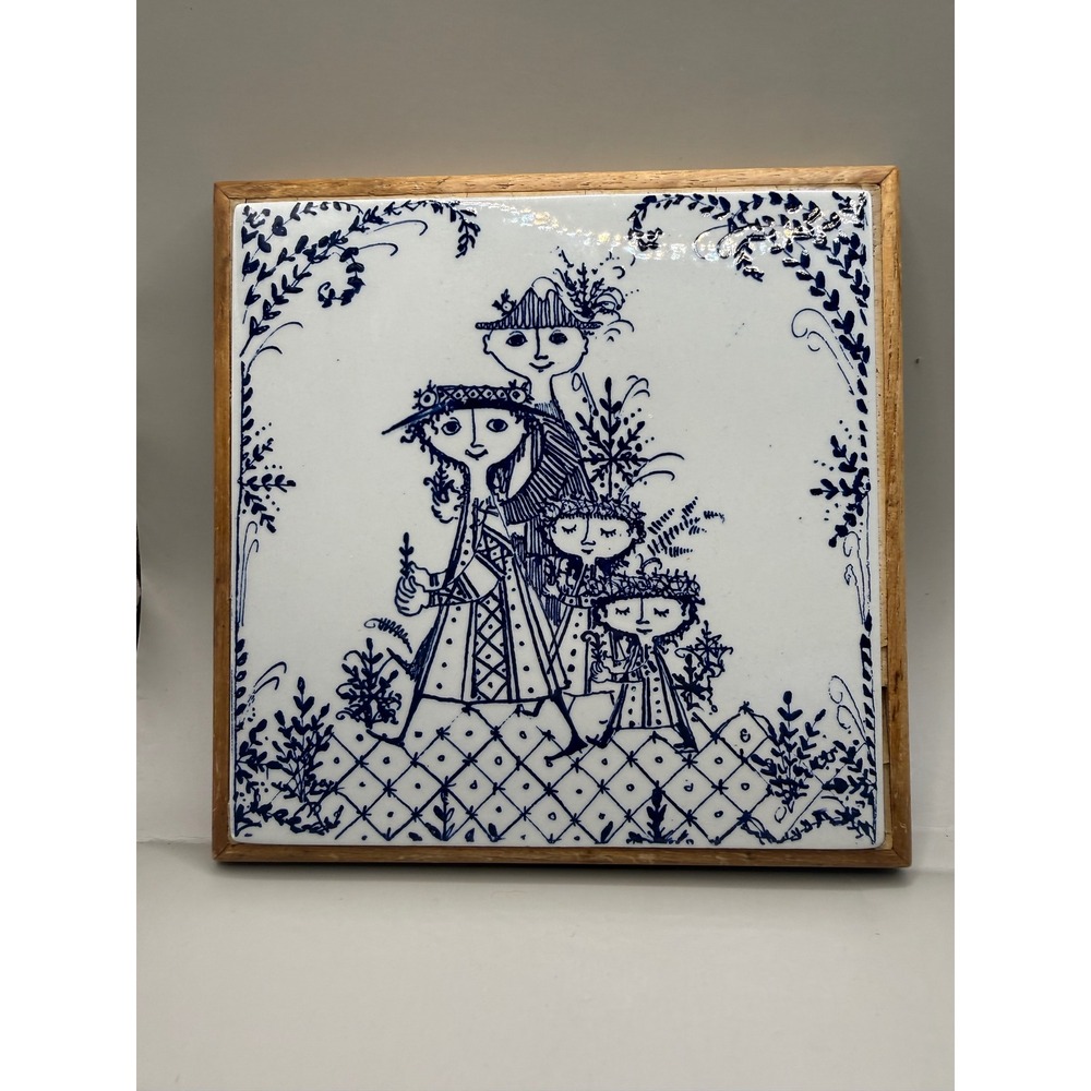 Vintage Bjorn Wiinblad Ceramic Trivet Blue White Danish Modern Wood Frame 6x6 - Picture 8 of 16
